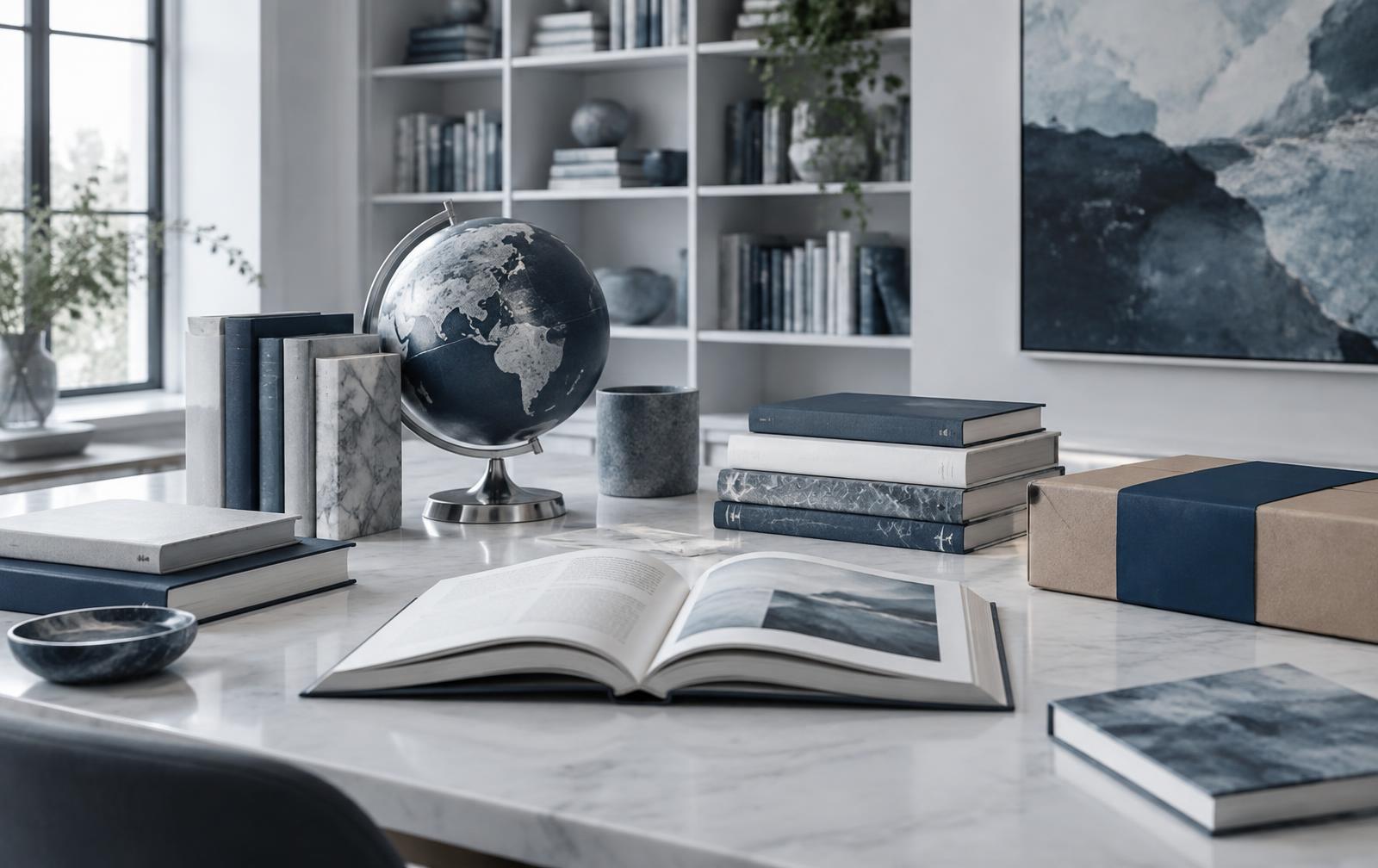 A curated collection of book formats with a globe and prepared book parcel